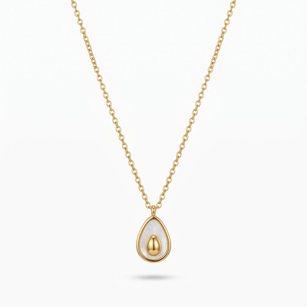 Women's Teardrop White Shell Inlay Pendant Necklace 18K Gold Plated