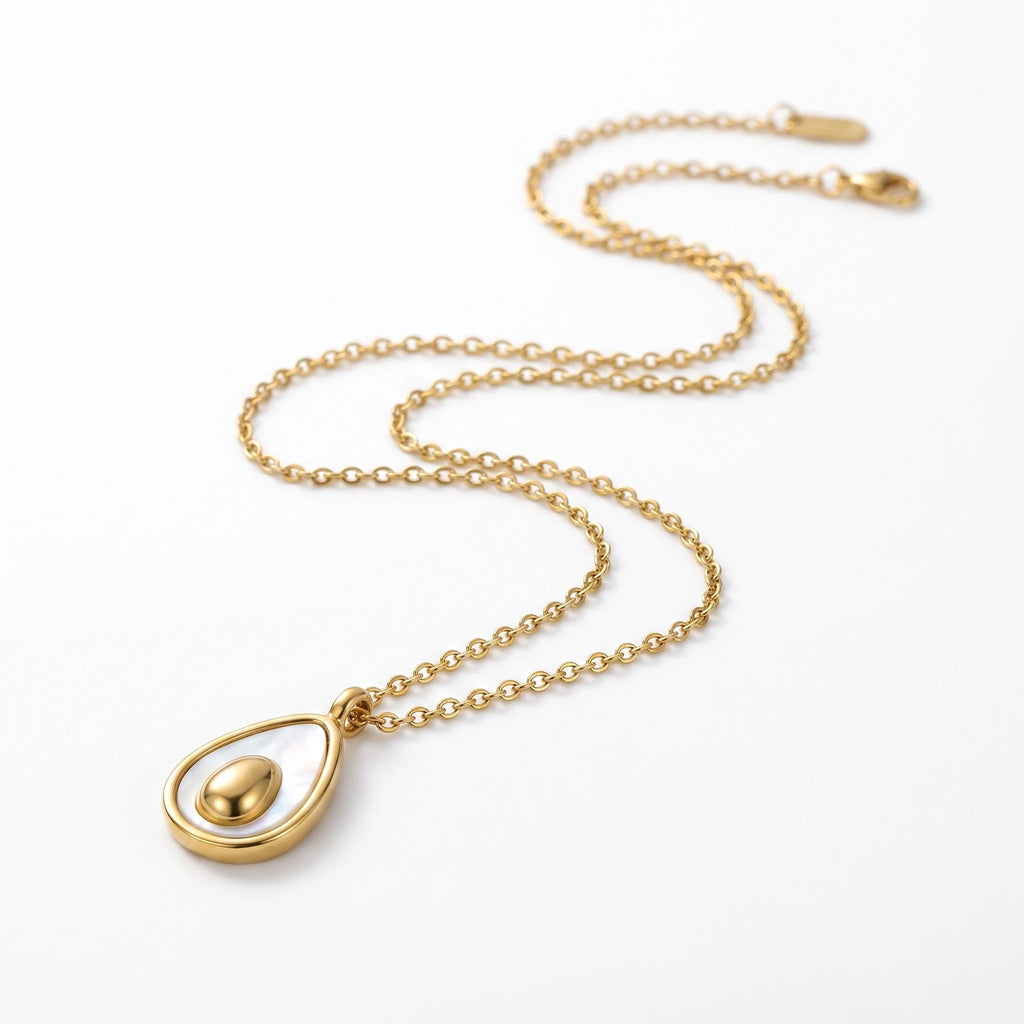 Women's Teardrop White Shell Inlay Pendant Necklace 18K Gold Plated