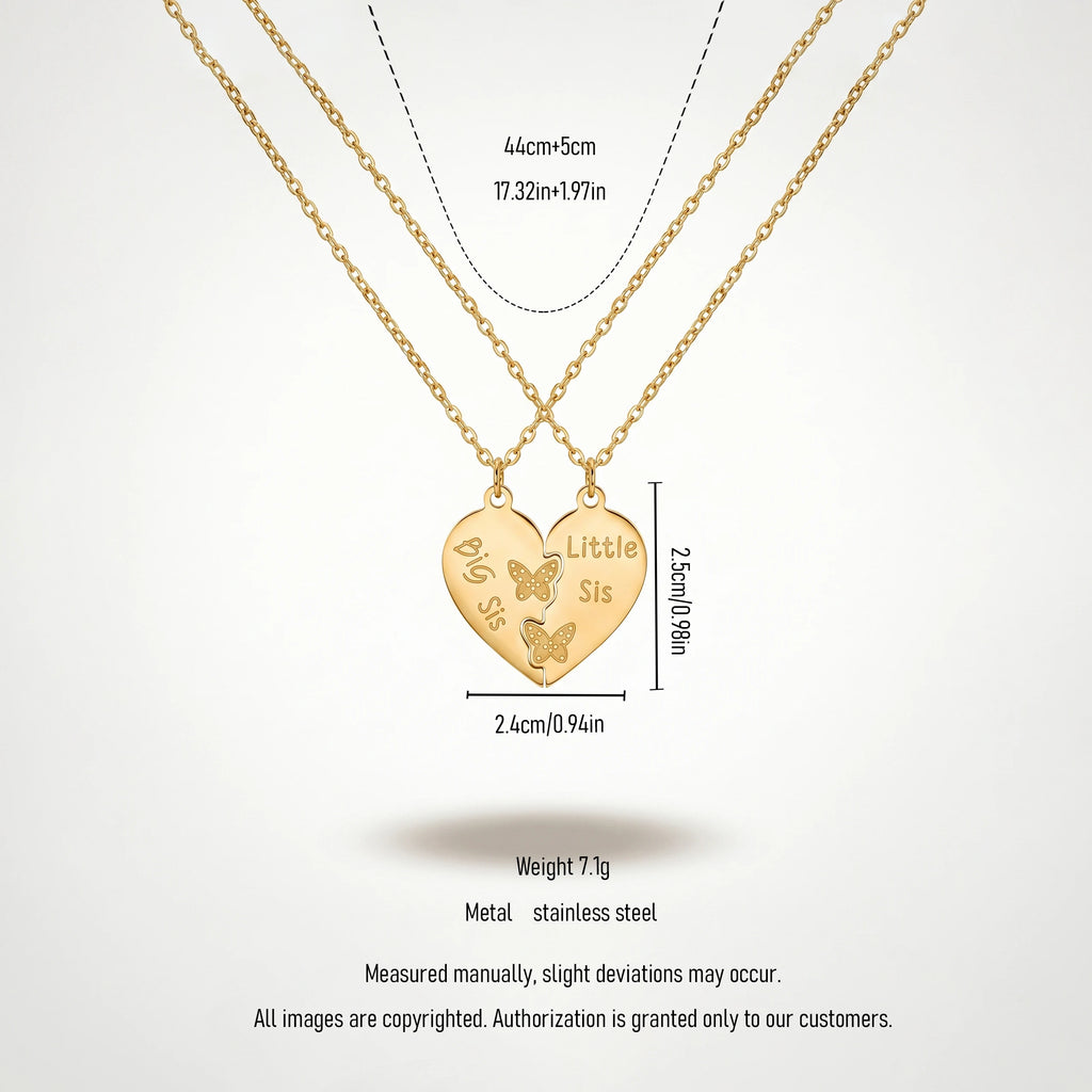 Women's Sister Split Heart Pendant Necklace Set 18K Gold Plated
