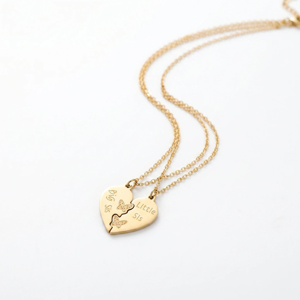 Women's Sister Split Heart Pendant Necklace Set 18K Gold Plated