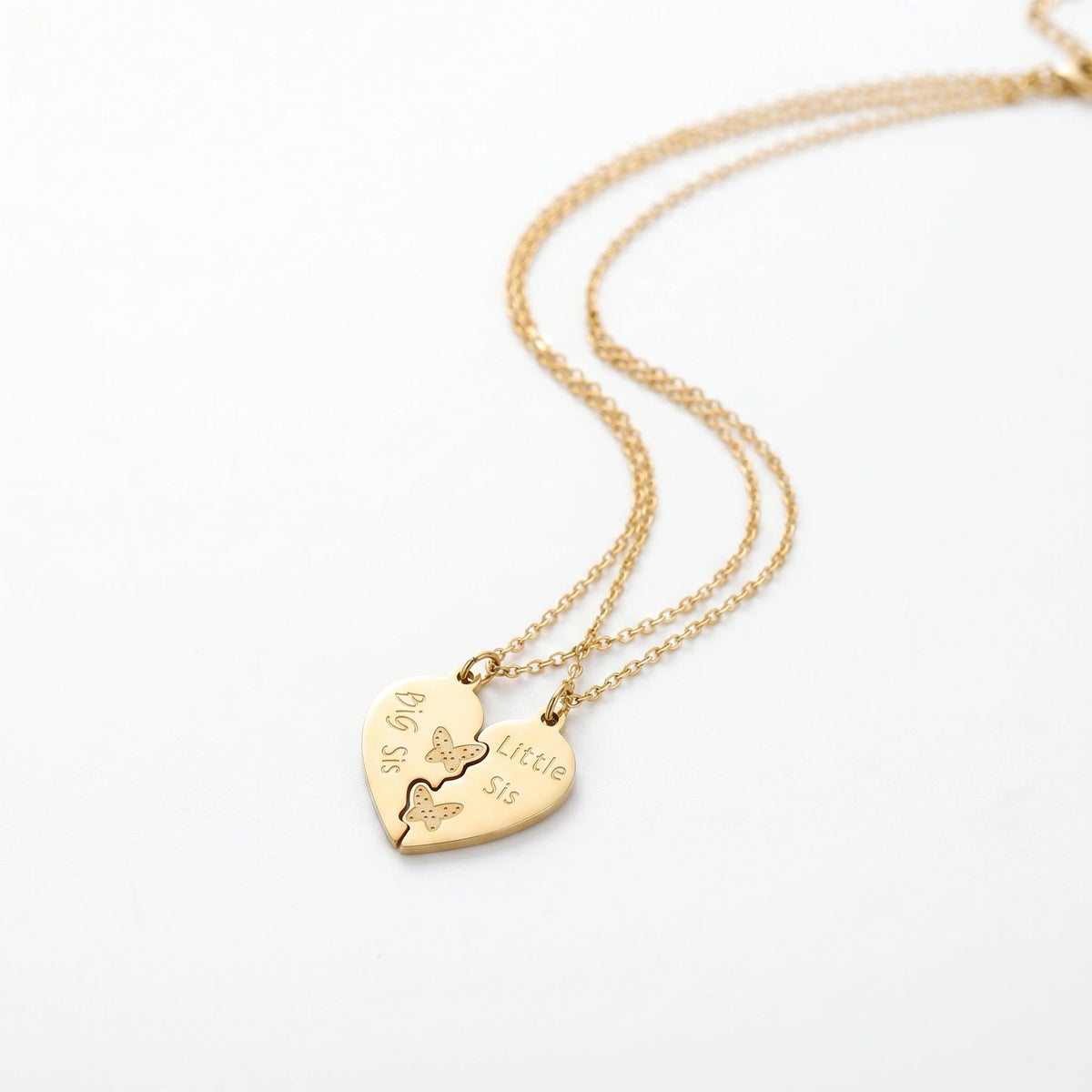 Women's Sister Split Heart Pendant Necklace Set 18K Gold Plated