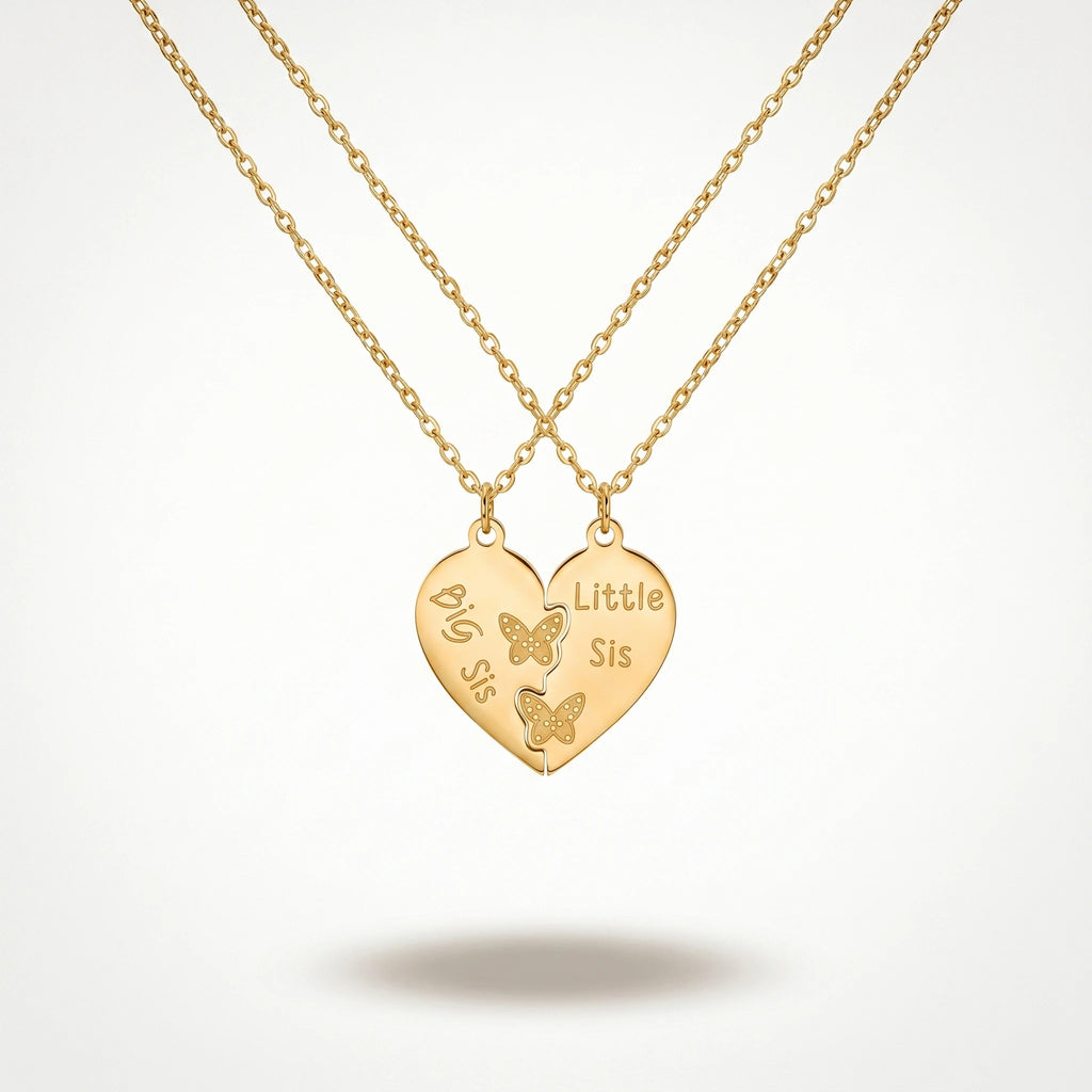 Women's Sister Split Heart Pendant Necklace Set 18K Gold Plated